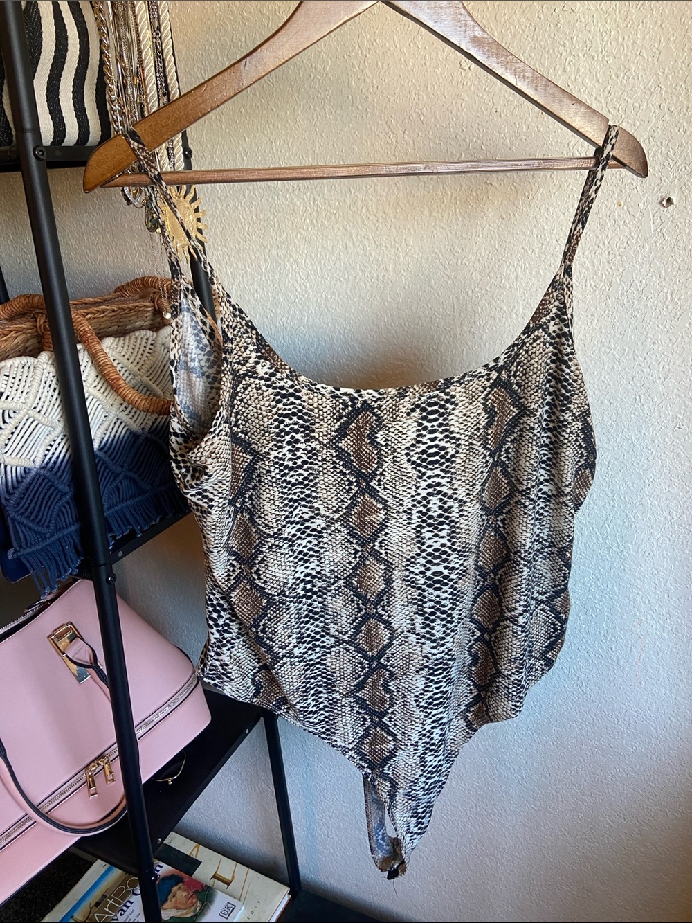 Snake-Print Satin Cami Bodysuit in Taupe/Brown